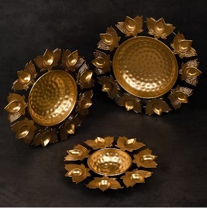 Handcrafted Lotus Motif Metal Urli Diya Set (Set of 3)
