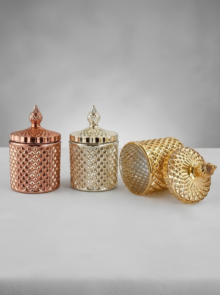 Vintage Geo-Cut Metallic Glass Candle Jars with Finial Lids