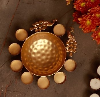 Handcrafted Peacock Motif Metal Urli Centerpiece with Tealight Holders
