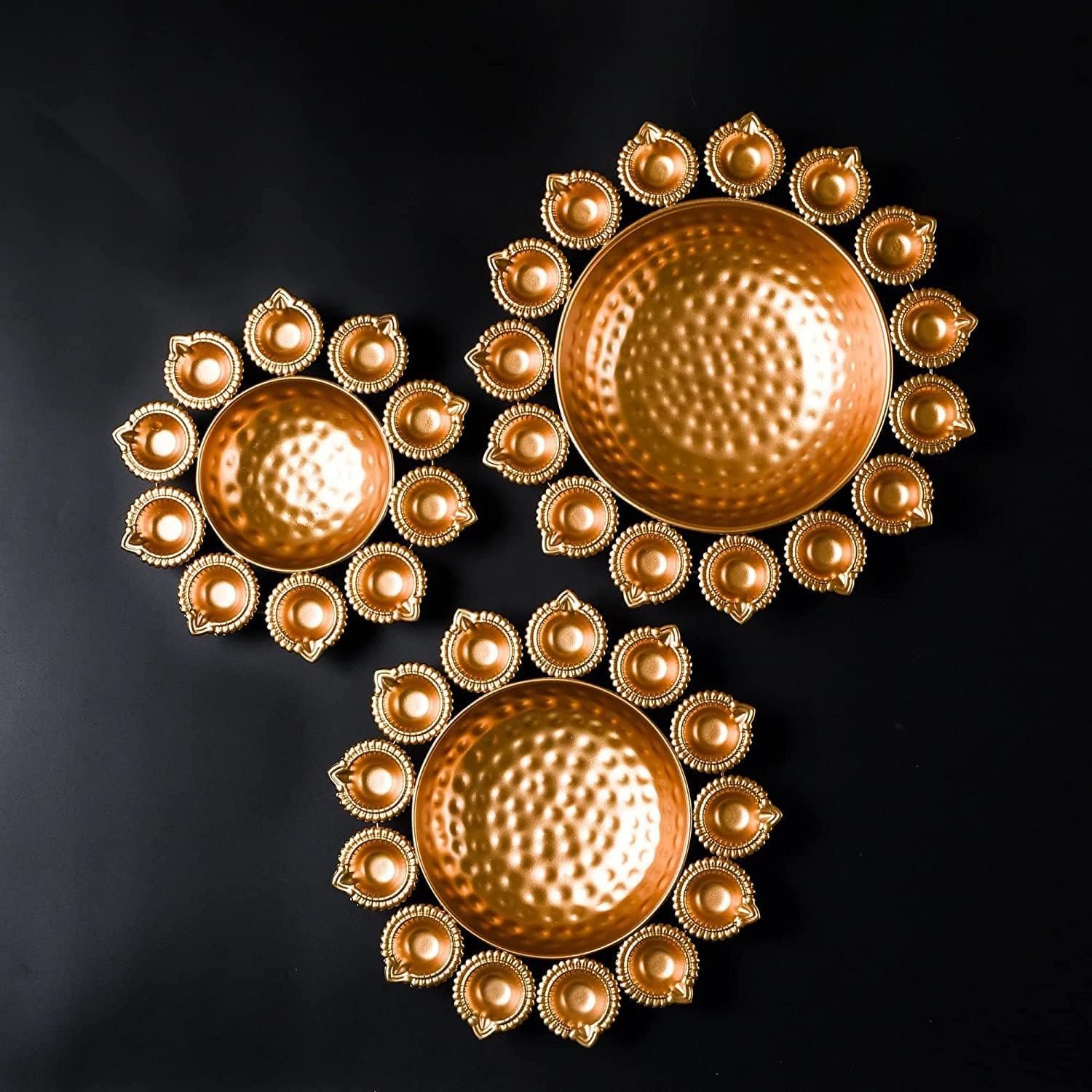 Handcrafted Hammered Metal Urli Set with Attached Diya Border