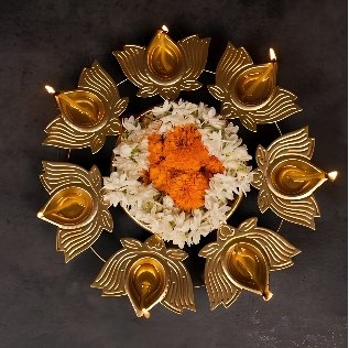 Lotus Petal Multi-Diya Urli Centerpiece (8-Flame Floral Rangoli Stand)